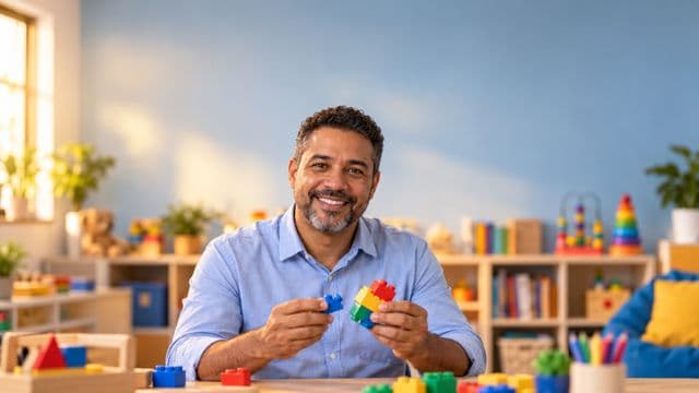Psicopedagogo sorrindo, com camisa azul-clara, segurando blocos de montar coloridos, em uma sala de atendimento infantil colorida e organizada, com brinquedos pedagógicos