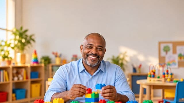 Psicopedagogo sorrindo, com camisa azul-clara, segurando blocos de montar coloridos, em uma sala de atendimento infantil colorida e organizada, com brinquedos pedagógicos