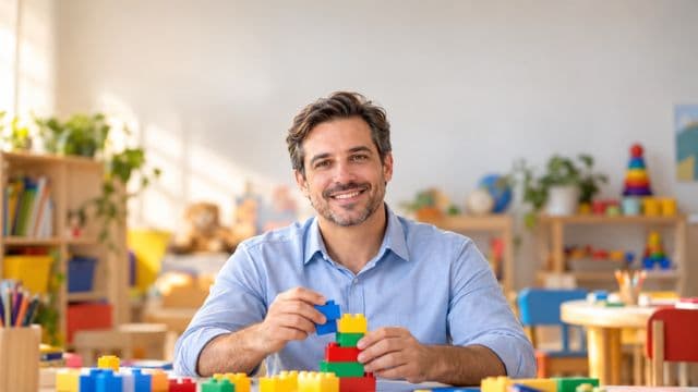Psicopedagogo sorrindo, com camisa azul-clara, segurando blocos de montar coloridos, em uma sala de atendimento infantil colorida e organizada, com brinquedos pedagógicos