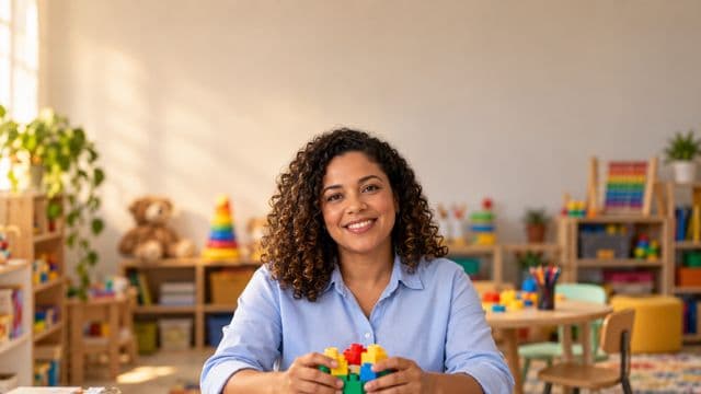 Psicopedagoga sorrindo, com camisa azul-clara, segurando blocos de montar coloridos, em uma sala de atendimento infantil colorida e organizada, com brinquedos pedagógicos