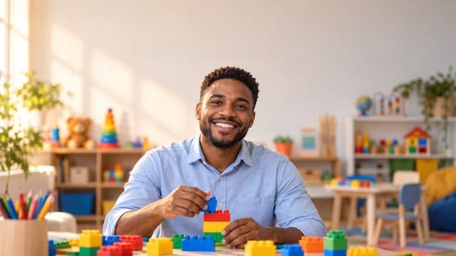 Psicopedagogo sorrindo, com camisa azul-clara, segurando blocos de montar coloridos, em uma sala de atendimento infantil colorida e organizada, com brinquedos pedagógicos