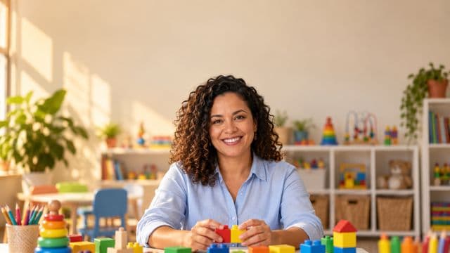Psicopedagoga sorrindo, com camisa azul-clara, segurando blocos de montar coloridos, em uma sala de atendimento infantil colorida e organizada, com brinquedos pedagógicos