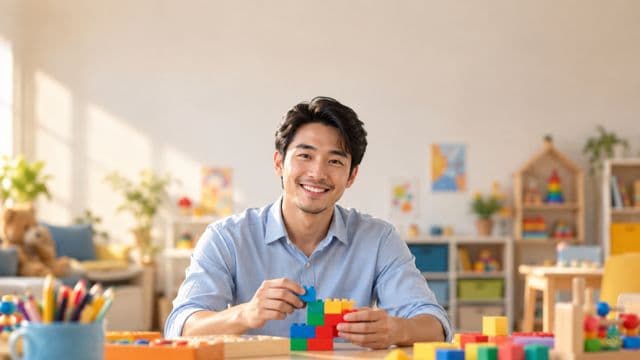 Psicopedagogo sorrindo, com camisa azul-clara, segurando blocos de montar coloridos, em uma sala de atendimento infantil colorida e organizada, com brinquedos pedagógicos