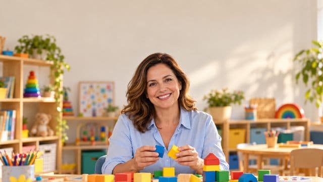 Psicopedagoga sorrindo, com camisa azul-clara, segurando blocos de montar coloridos, em uma sala de atendimento infantil colorida e organizada, com brinquedos pedagógicos