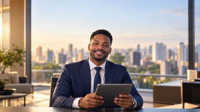 Analista financeiro sorrindo, com terno azul-marinho, segurando um tablet, em um escritório corporativo com vista para a cidade