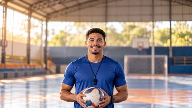 Profissional de educação física sorrindo, com camiseta esportiva azul e apito no pescoço, segurando uma bola, em uma quadra poliesportiva coberta e bem iluminada