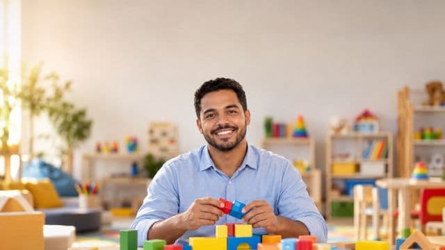 Psicopedagogo sorrindo, com camisa azul-clara, segurando blocos de montar coloridos, em uma sala de atendimento infantil colorida e organizada, com brinquedos pedagógicos