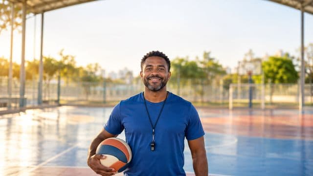 Profissional de educação física sorrindo, com camiseta esportiva azul e apito no pescoço, segurando uma bola, em uma quadra poliesportiva coberta e bem iluminada