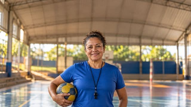 Profissional de educação física sorrindo, com camiseta esportiva azul e apito no pescoço, segurando uma bola, em uma quadra poliesportiva coberta e bem iluminada