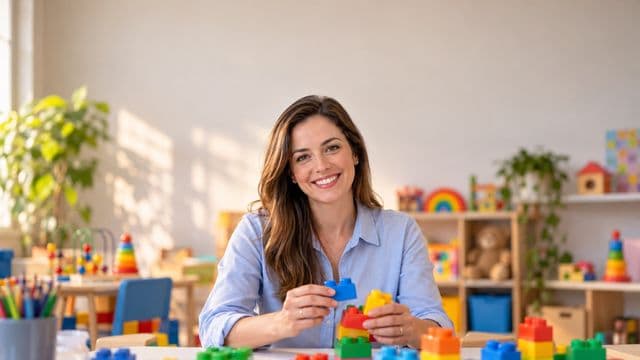 Psicopedagoga sorrindo, com camisa azul-clara, segurando blocos de montar coloridos, em uma sala de atendimento infantil colorida e organizada, com brinquedos pedagógicos