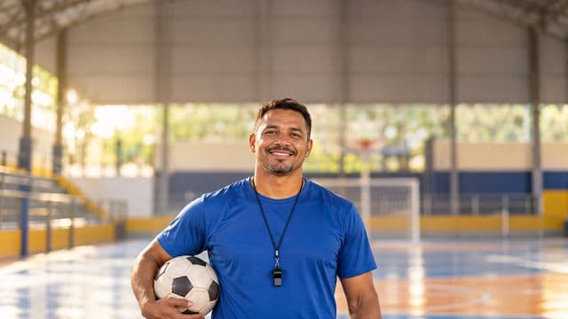 Profissional de educação física sorrindo, com camiseta esportiva azul e apito no pescoço, segurando uma bola, em uma quadra poliesportiva coberta e bem iluminada