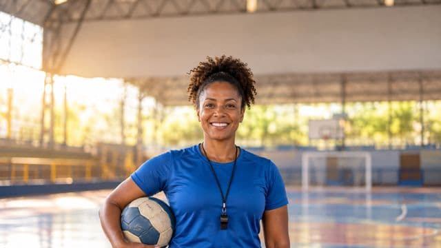 Profissional de educação física sorrindo, com camiseta esportiva azul e apito no pescoço, segurando uma bola, em uma quadra poliesportiva coberta e bem iluminada
