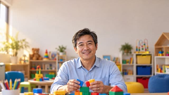 Psicopedagogo sorrindo, com camisa azul-clara, segurando blocos de montar coloridos, em uma sala de atendimento infantil colorida e organizada, com brinquedos pedagógicos