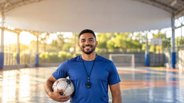 Profissional de educação física sorrindo, com camiseta esportiva azul e apito no pescoço, segurando uma bola, em uma quadra poliesportiva coberta e bem iluminada