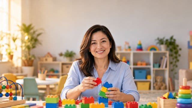 Psicopedagoga sorrindo, com camisa azul-clara, segurando blocos de montar coloridos, em uma sala de atendimento infantil colorida e organizada, com brinquedos pedagógicos