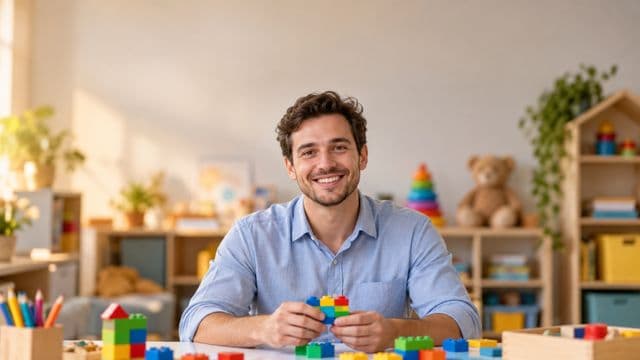 Psicopedagogo sorrindo, com camisa azul-clara, segurando blocos de montar coloridos, em uma sala de atendimento infantil colorida e organizada, com brinquedos pedagógicos