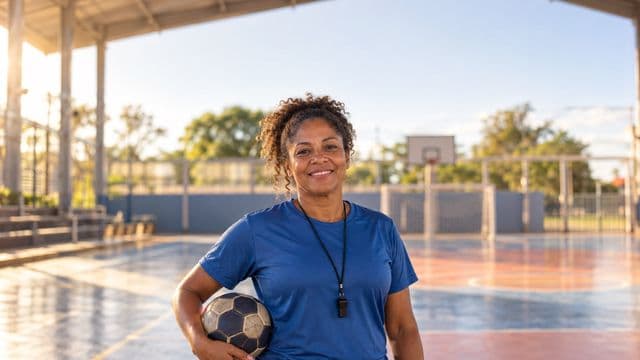 Profissional de educação física sorrindo, com camiseta esportiva azul e apito no pescoço, segurando uma bola, em uma quadra poliesportiva coberta e bem iluminada