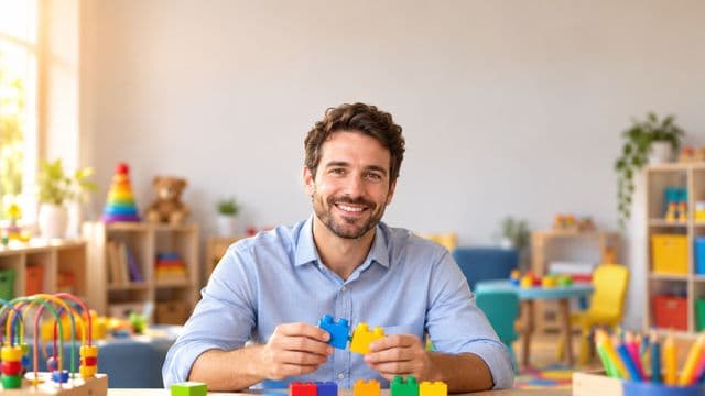 Psicopedagogo sorrindo, com camisa azul-clara, segurando blocos de montar coloridos, em uma sala de atendimento infantil colorida e organizada, com brinquedos pedagógicos