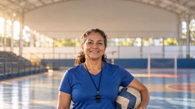 Profissional de educação física sorrindo, com camiseta esportiva azul e apito no pescoço, segurando uma bola, em uma quadra poliesportiva coberta e bem iluminada