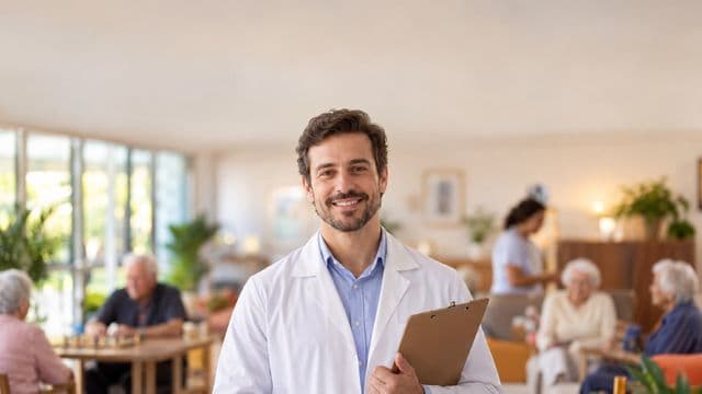 Profissional de gerontologia sorrindo, com jaleco branco sobre camisa azul-clara, segurando uma prancheta, em um centro de convivência para idosos, claro e acolhedor