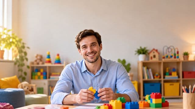 Psicopedagogo sorrindo, com camisa azul-clara, segurando blocos de montar coloridos, em uma sala de atendimento infantil colorida e organizada, com brinquedos pedagógicos