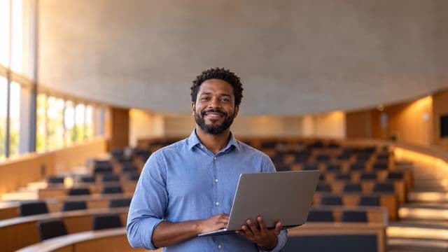 Professor universitário sorrindo, com camisa social azul, segurando um notebook, em um auditório universitário moderno