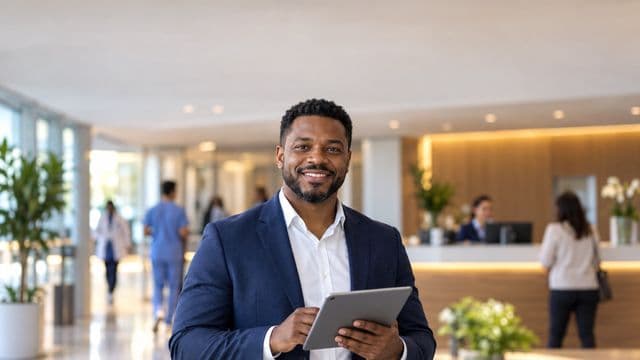 Gestor hospitalar sorrindo, com blazer azul-marinho sobre camisa branca, segurando um tablet, em a recepção de um hospital moderno