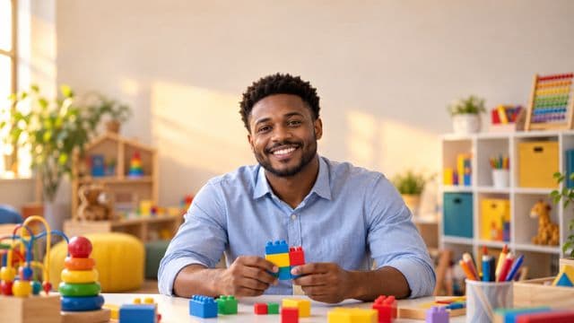 Psicopedagogo sorrindo, com camisa azul-clara, segurando blocos de montar coloridos, em uma sala de atendimento infantil colorida e organizada, com brinquedos pedagógicos