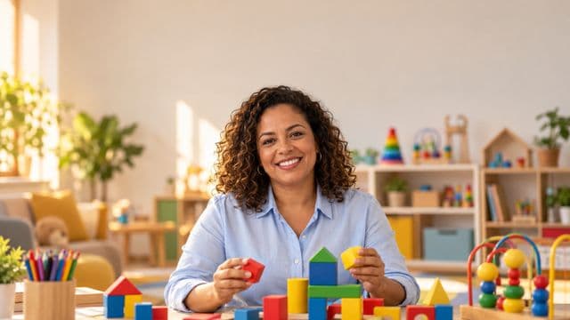 Psicopedagoga sorrindo, com camisa azul-clara, segurando blocos de montar coloridos, em uma sala de atendimento infantil colorida e organizada, com brinquedos pedagógicos