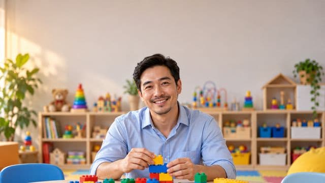 Psicopedagogo sorrindo, com camisa azul-clara, segurando blocos de montar coloridos, em uma sala de atendimento infantil colorida e organizada, com brinquedos pedagógicos