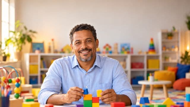 Psicopedagogo sorrindo, com camisa azul-clara, segurando blocos de montar coloridos, em uma sala de atendimento infantil colorida e organizada, com brinquedos pedagógicos