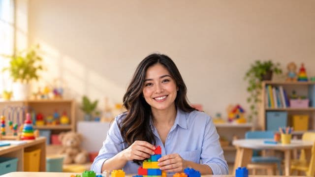 Psicopedagoga sorrindo, com camisa azul-clara, segurando blocos de montar coloridos, em uma sala de atendimento infantil colorida e organizada, com brinquedos pedagógicos