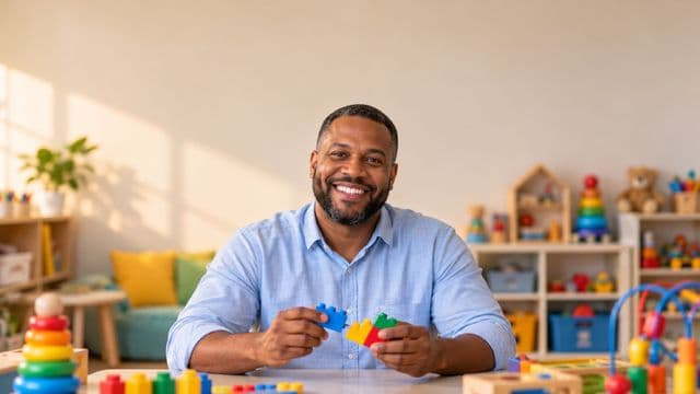 Psicopedagogo sorrindo, com camisa azul-clara, segurando blocos de montar coloridos, em uma sala de atendimento infantil colorida e organizada, com brinquedos pedagógicos