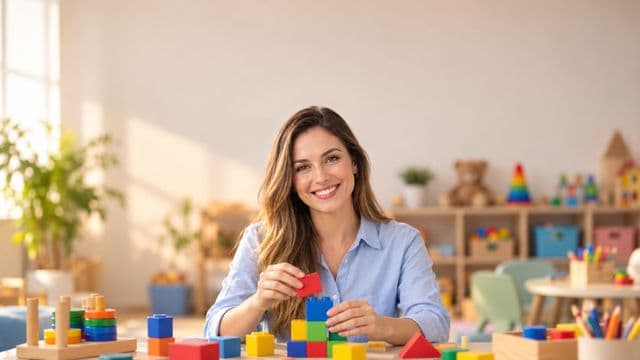 Psicopedagoga sorrindo, com camisa azul-clara, segurando blocos de montar coloridos, em uma sala de atendimento infantil colorida e organizada, com brinquedos pedagógicos