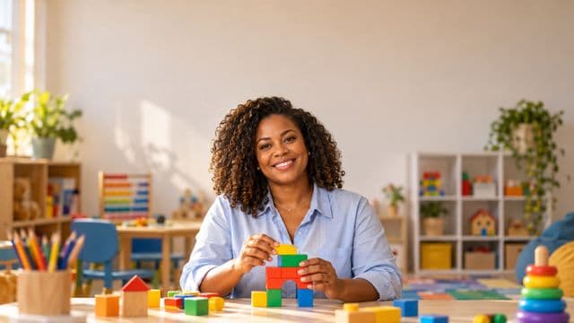 Psicopedagoga sorrindo, com camisa azul-clara, segurando blocos de montar coloridos, em uma sala de atendimento infantil colorida e organizada, com brinquedos pedagógicos