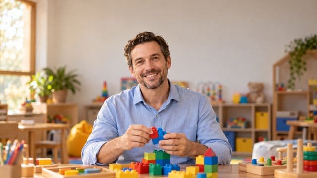 Psicopedagogo sorrindo, com camisa azul-clara, segurando blocos de montar coloridos, em uma sala de atendimento infantil colorida e organizada, com brinquedos pedagógicos