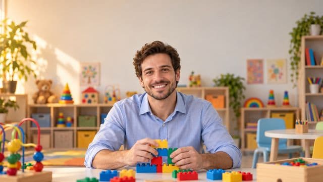 Psicopedagogo sorrindo, com camisa azul-clara, segurando blocos de montar coloridos, em uma sala de atendimento infantil colorida e organizada, com brinquedos pedagógicos