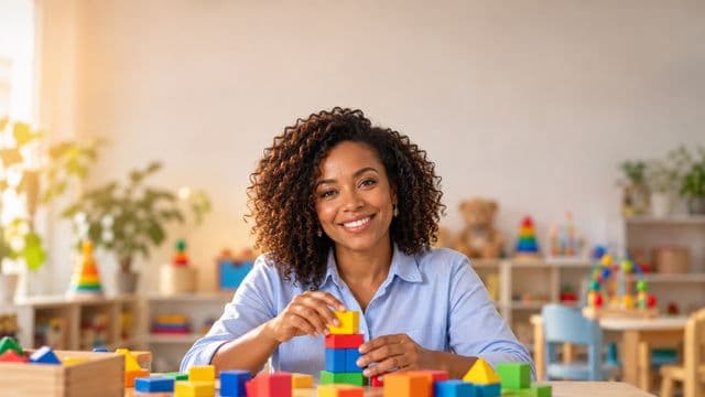 Psicopedagoga sorrindo, com camisa azul-clara, segurando blocos de montar coloridos, em uma sala de atendimento infantil colorida e organizada, com brinquedos pedagógicos