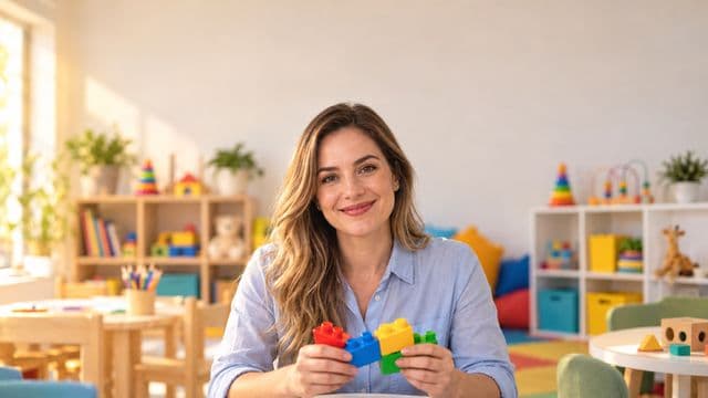 Psicopedagoga sorrindo, com camisa azul-clara, segurando blocos de montar coloridos, em uma sala de atendimento infantil colorida e organizada, com brinquedos pedagógicos