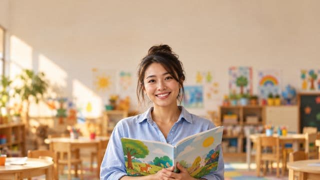 Professora de educação infantil sorrindo, com camisa casual azul-clara, segurando um livro infantil colorido sem título, em uma sala de aula infantil alegre, com mesinhas e desenhos nas paredes