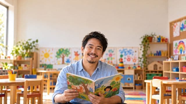 Professor de educação infantil sorrindo, com camisa casual azul-clara, segurando um livro infantil colorido sem título, em uma sala de aula infantil alegre, com mesinhas e desenhos nas paredes