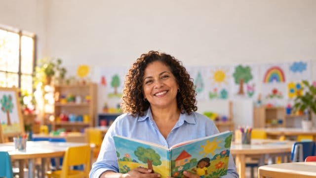 Professora de educação infantil sorrindo, com camisa casual azul-clara, segurando um livro infantil colorido sem título, em uma sala de aula infantil alegre, com mesinhas e desenhos nas paredes