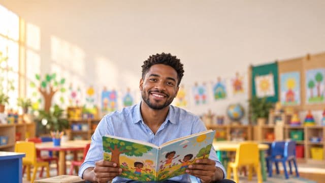 Professor de educação infantil sorrindo, com camisa casual azul-clara, segurando um livro infantil colorido sem título, em uma sala de aula infantil alegre, com mesinhas e desenhos nas paredes