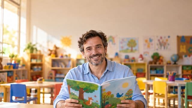 Professor de educação infantil sorrindo, com camisa casual azul-clara, segurando um livro infantil colorido sem título, em uma sala de aula infantil alegre, com mesinhas e desenhos nas paredes