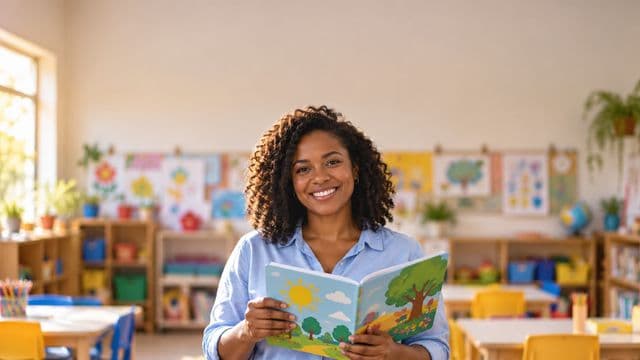 Professora de educação infantil sorrindo, com camisa casual azul-clara, segurando um livro infantil colorido sem título, em uma sala de aula infantil alegre, com mesinhas e desenhos nas paredes