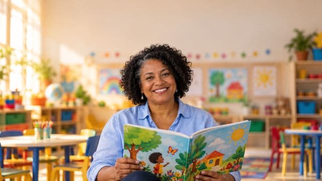 Professora de educação infantil sorrindo, com camisa casual azul-clara, segurando um livro infantil colorido sem título, em uma sala de aula infantil alegre, com mesinhas e desenhos nas paredes