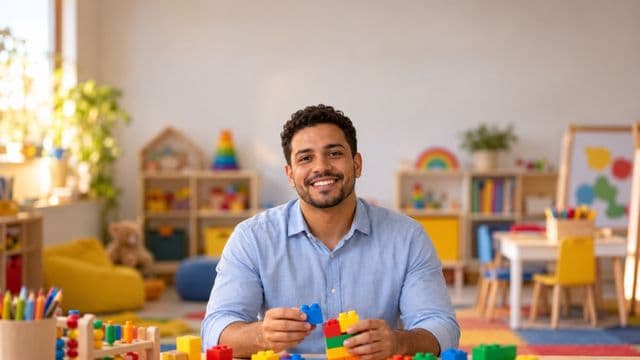 Psicopedagogo sorrindo, com camisa azul-clara, segurando blocos de montar coloridos, em uma sala de atendimento infantil colorida e organizada, com brinquedos pedagógicos