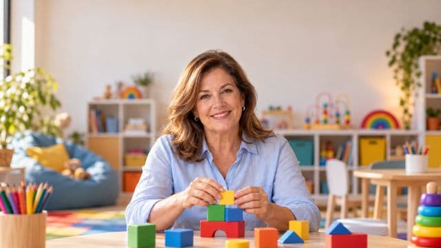 Psicopedagoga sorrindo, com camisa azul-clara, segurando blocos de montar coloridos, em uma sala de atendimento infantil colorida e organizada, com brinquedos pedagógicos