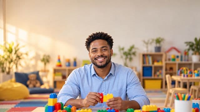 Psicopedagogo sorrindo, com camisa azul-clara, segurando blocos de montar coloridos, em uma sala de atendimento infantil colorida e organizada, com brinquedos pedagógicos