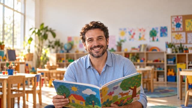 Professor de educação infantil sorrindo, com camisa casual azul-clara, segurando um livro infantil colorido sem título, em uma sala de aula infantil alegre, com mesinhas e desenhos nas paredes